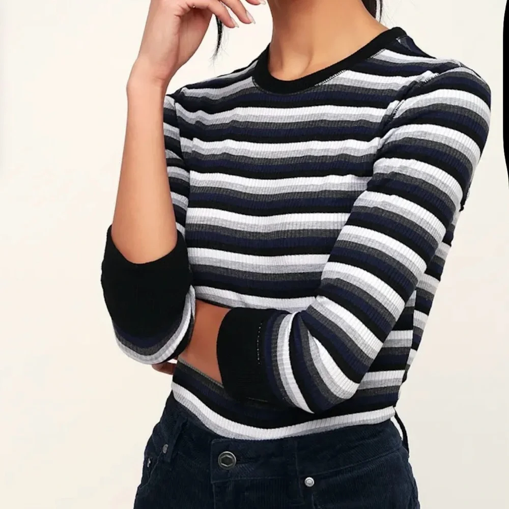 FREE PEOPLE Good on You Grey Multi Striped Three Quarter Sleeve Tee
